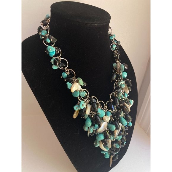 Black Obsidian/ Blue Dyed Howlite/Faceted Crystal/Shell Statement Bib Necklace - Picture 1 of 6